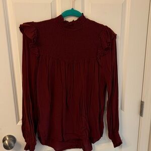Women's Long-Sleeve Smocked Ruffle Blouse - Burgundy